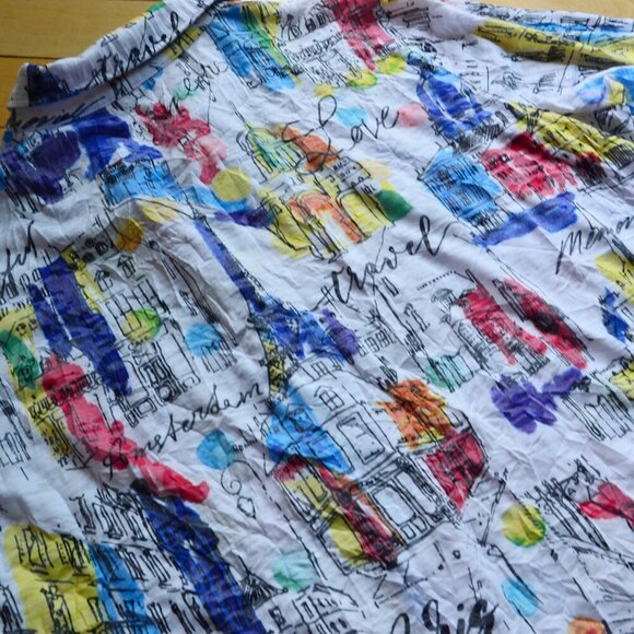 Ali Miles Art Wear Stretch Knit Button Up Shirt Short Sleeve City Print Size 1X - Picture 11 of 13